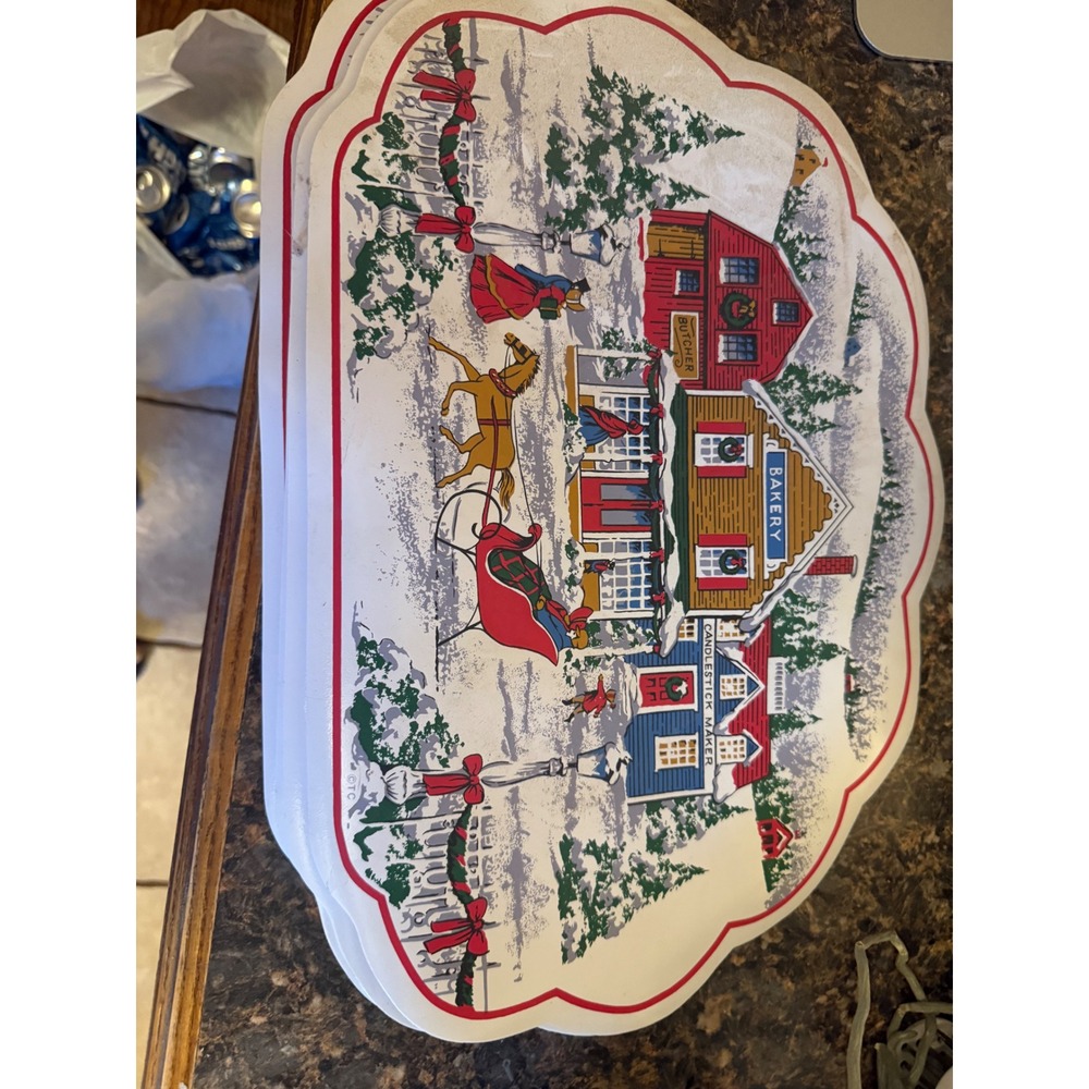 Holiday Time Christmas Placemats Set of 4 Victorian Winter Village Sleigh Vinyl